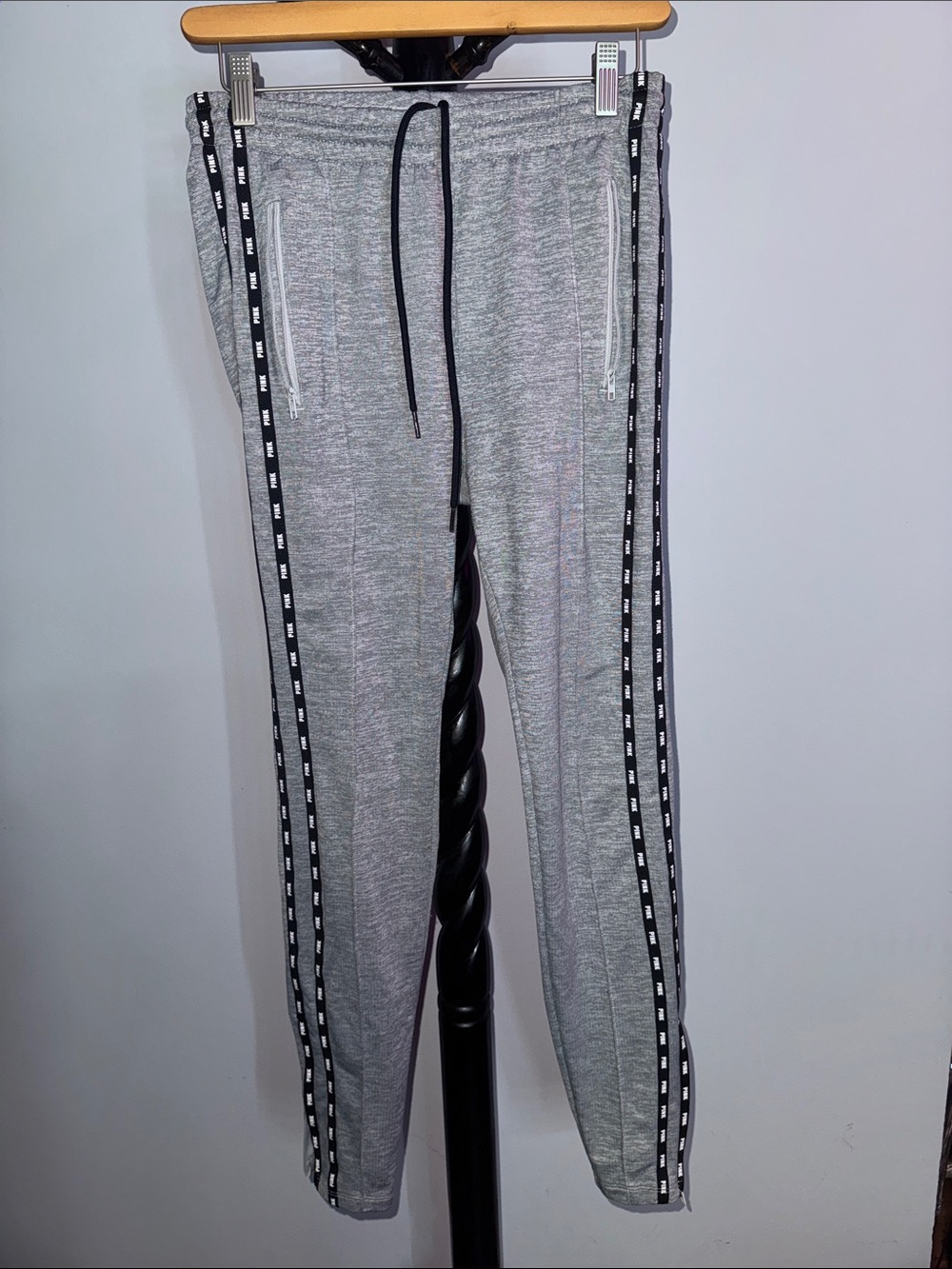 PINK Victoria's Secret Gray Track Joggers with Black Side Tape 7.1T